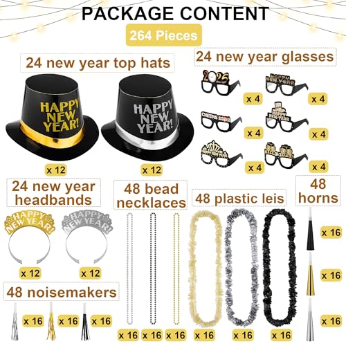 Fovths 264 Pieces 2026 New Years Eve Party Supplies Includes Glasses Top Hats Headband Noisemakers Horns Bead Necklaces Plastic Leis New Year Party Favors for Celebration Decoration Gift - Image 5