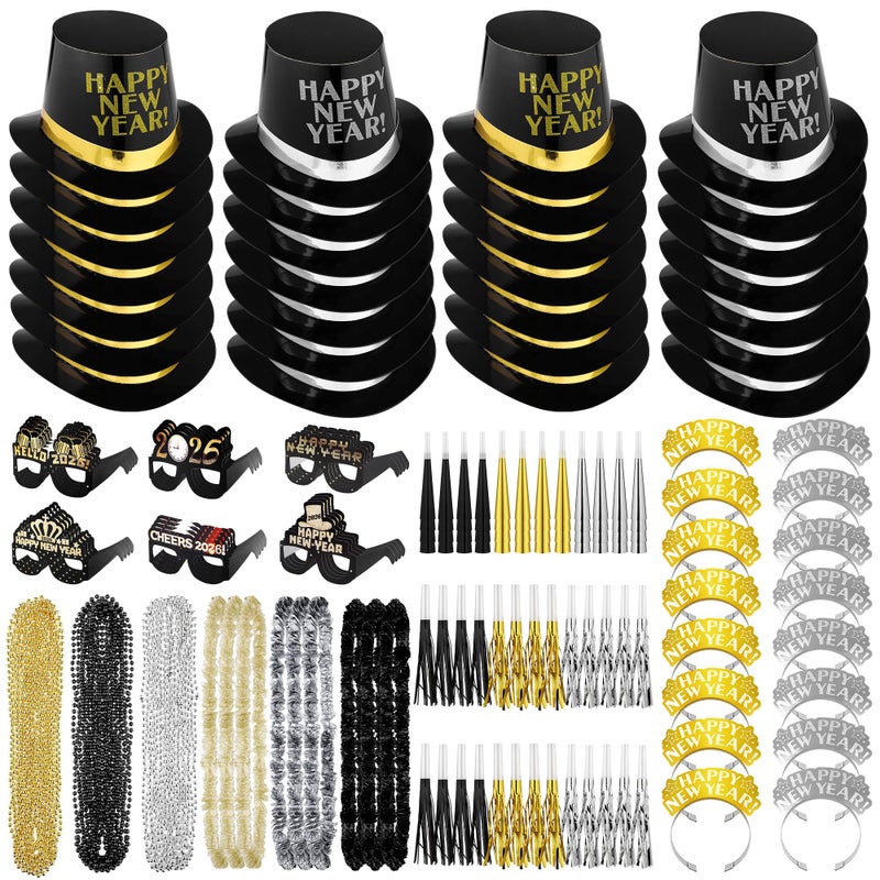 Fovths 264 Pieces 2026 New Years Eve Party Supplies Includes Glasses Top Hats Headband Noisemakers Horns Bead Necklaces Plastic Leis New Year Party Favors for Celebration Decoration Gift - Image 3