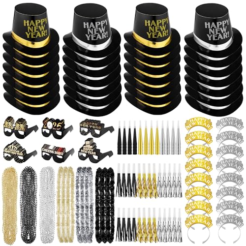 Fovths 264 Pieces 2026 New Years Eve Party Supplies Includes Glasses Top Hats Headband Noisemakers Horns Bead Necklaces Plastic Leis New Year Party Favors for Celebration Decoration Gift - Image 1