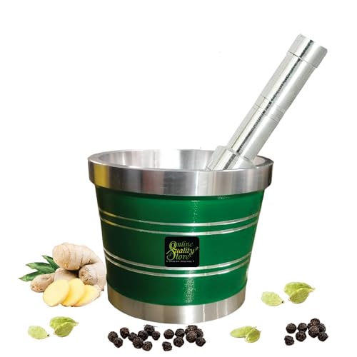 Online Quality Store Aluminium Green Khal Batta/Mortar & Pestle/Imam Okhli/Musal/Kitchen Masher/Aluminium Masher/Khallad/Mam Dasta/Spice Mixer Heavy for Use in Home and Kitchen - Image 4