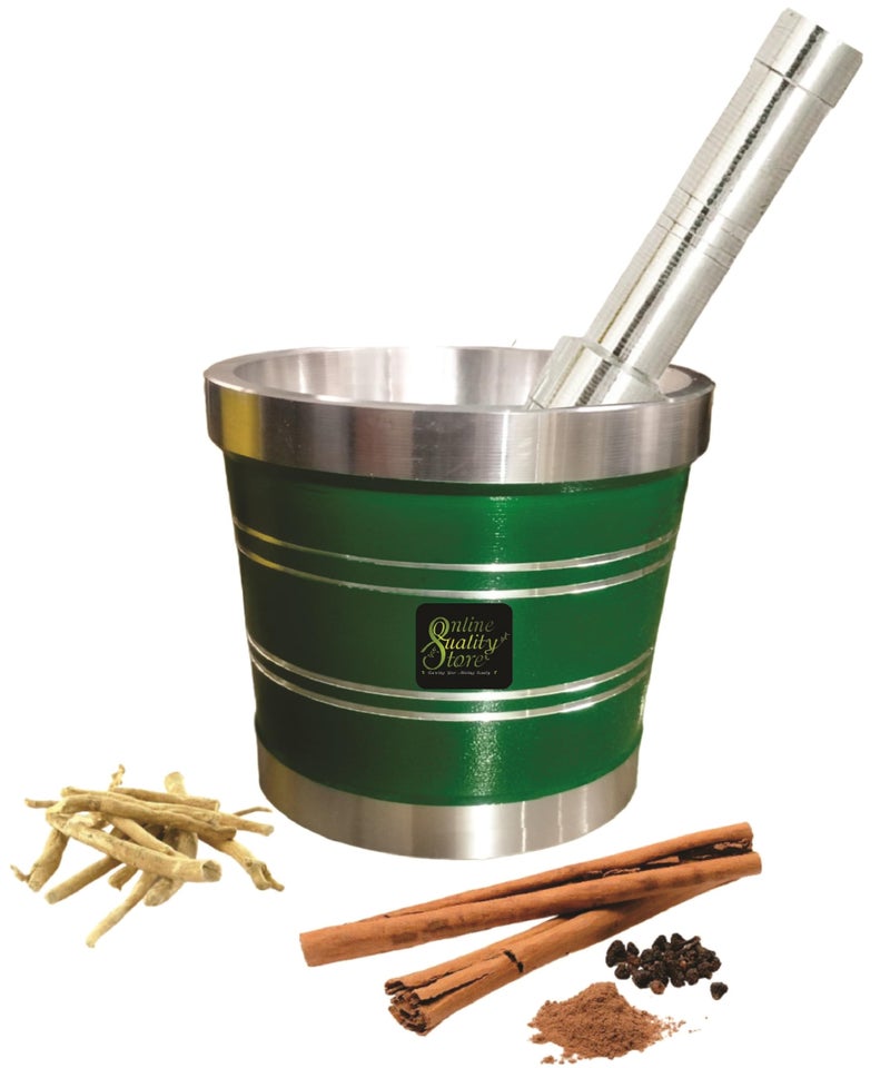 Online Quality Store Aluminium Green Khal Batta/Mortar & Pestle/Imam Okhli/Musal/Kitchen Masher/Aluminium Masher/Khallad/Mam Dasta/Spice Mixer Heavy for Use in Home and Kitchen - Image 1