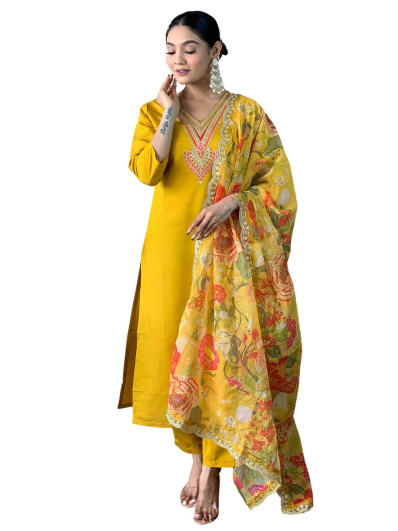 Naixa Women's Mustard Chanderi Embroidered Flared Kurta with Chanderi Pant and Organza Embroidered Dupatta Sets (NX-M-Anushree-Mustard-M) - Image 1