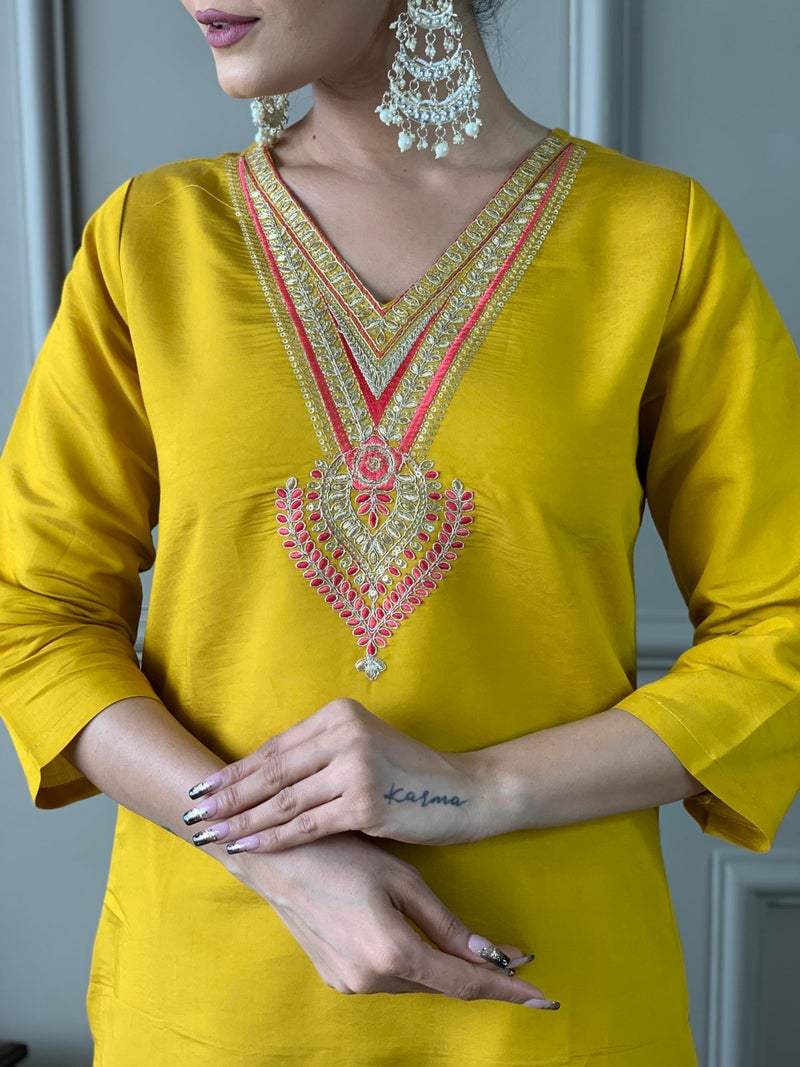 Naixa Women's Mustard Chanderi Embroidered Flared Kurta with Chanderi Pant and Organza Embroidered Dupatta Sets (NX-M-Anushree-Mustard-M) - Image 5