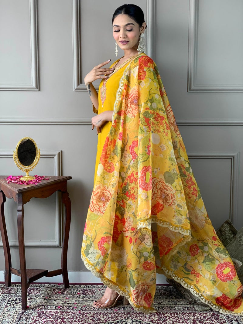 Naixa Women's Mustard Chanderi Embroidered Flared Kurta with Chanderi Pant and Organza Embroidered Dupatta Sets (NX-M-Anushree-Mustard-M) - Image 3