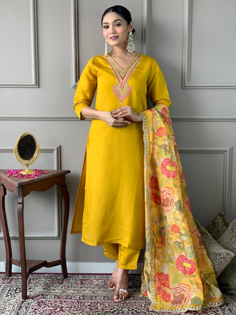 Naixa Women's Mustard Chanderi Embroidered Flared Kurta with Chanderi Pant and Organza Embroidered Dupatta Sets (NX-M-Anushree-Mustard-M) - Image 2