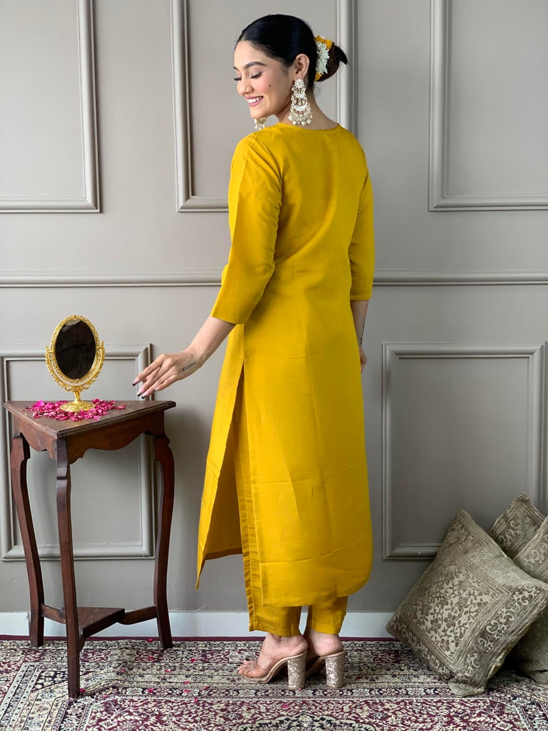 Naixa Women's Mustard Chanderi Embroidered Flared Kurta with Chanderi Pant and Organza Embroidered Dupatta Sets (NX-M-Anushree-Mustard-M) - Image 4