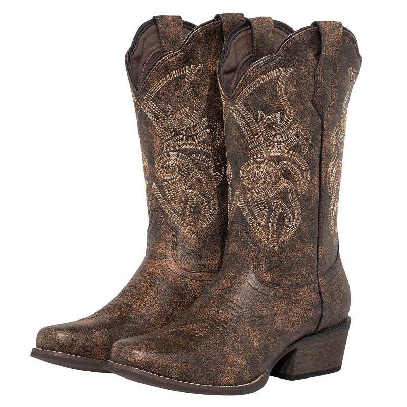 J's.o.l.e Women's Square Toe Cowboy Boots Mid Wide Calf Distressed Western Cowgirl Boots Brown US 8 - Image 1