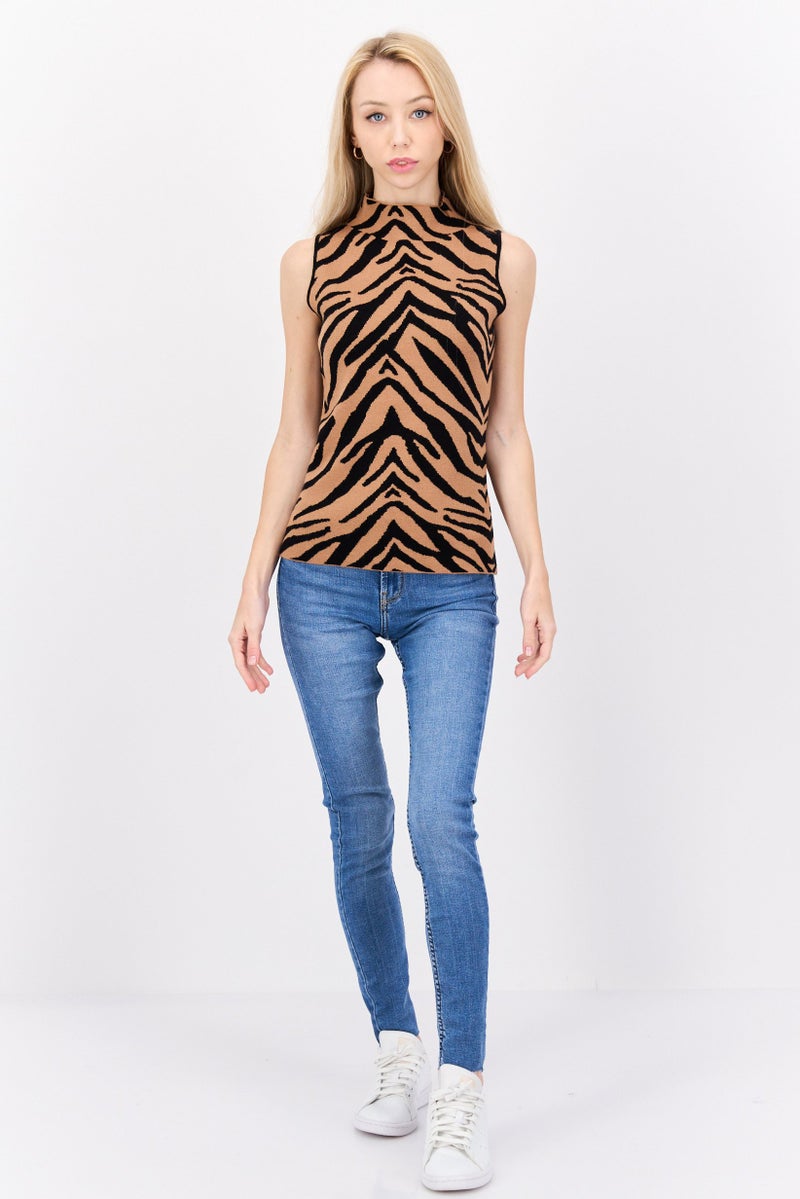 CARMEN MARC VALVO Women Mock Neck Sleeveless Animal Pattern Top, Multicolor - Image 3