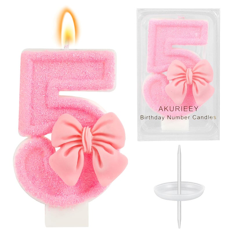 AKURIEEY Pink 5th Birthday Candle Bow Numbers 5 Candle Cake Topper Cupcake Decorations Party Decor for Girls and Women Anniversary Celebrations Supplies - Image 1