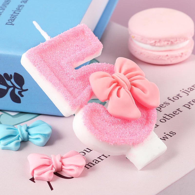 AKURIEEY Pink 5th Birthday Candle Bow Numbers 5 Candle Cake Topper Cupcake Decorations Party Decor for Girls and Women Anniversary Celebrations Supplies - Image 2