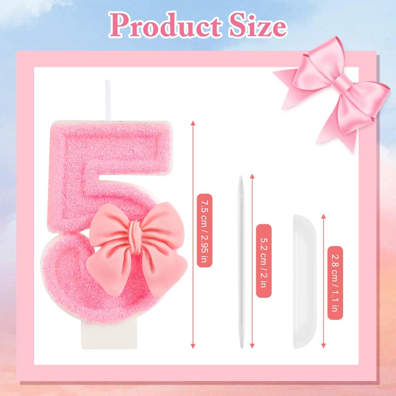 AKURIEEY Pink 5th Birthday Candle Bow Numbers 5 Candle Cake Topper Cupcake Decorations Party Decor for Girls and Women Anniversary Celebrations Supplies - Image 3