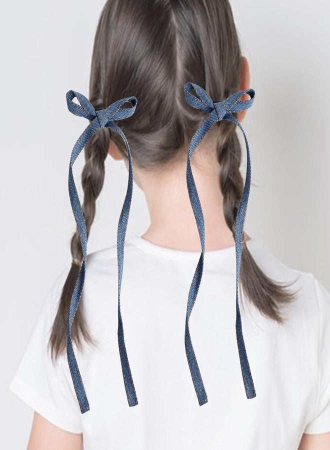 HLTOO 4PCS Blue Jeans Hair Bow Clips, Long-tail Ribbon Hair Barrettes with Alligator Clips, for Women and Girls Hair Styling Accessories - Image 4
