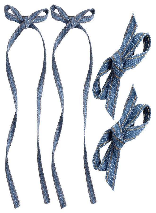 HLTOO 4PCS Blue Jeans Hair Bow Clips, Long-tail Ribbon Hair Barrettes with Alligator Clips, for Women and Girls Hair Styling Accessories - Image 1