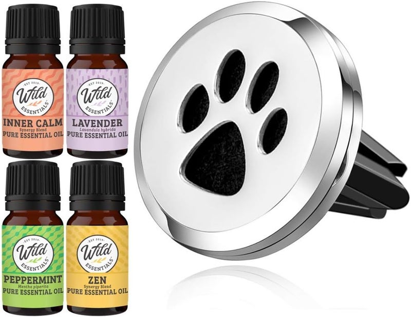 mEssentials Wild Essentials Dog Paw Essential Oil Car Vent Diffuser Kit With Lavender, Lemongrass, Peppermint, Orange Oils, Stainless Steel Locket Pendant, 8 Refill Pads, Customizable Color Changing Air Freshener 