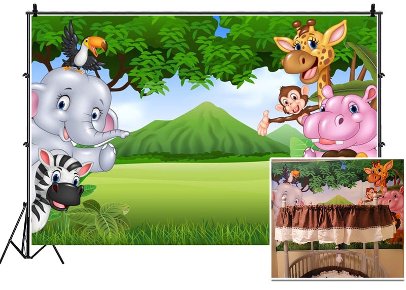 Leyiyi 7x5ft Photography Background Cartoon Birthday Backdrop Room Wallpaper Jungle Zoo Elephant Lion Dragon Monkey Grassland Mountain Baby Shower Photo Portrait Vinyl Studio Video Prop