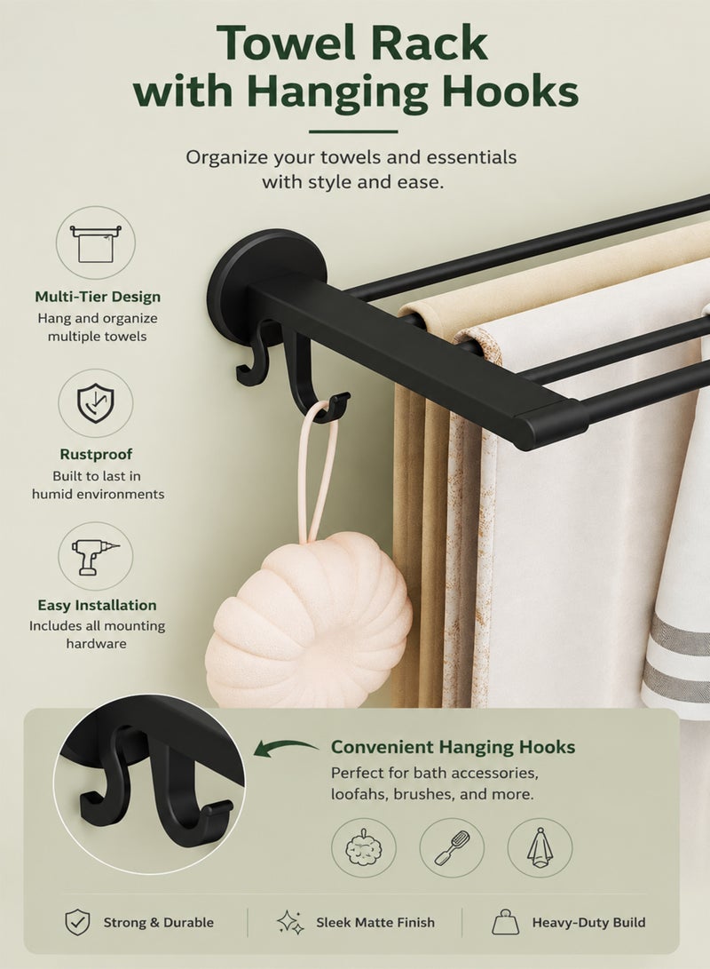 Toshionics Wall Mounted Towel Rack with Hooks, Rustproof Bathroom Towel Holder Shelf, Multi-Tier Space Saving Towel Organizer for Bathroom, Laundry Room & Kitchen - Image 4