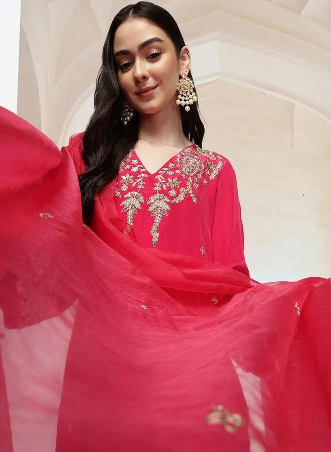 آي شين Women's Pink Poly Crepe Printed Tunic Top With Ankle Palazzo Straight 3 Peice Kurta Set