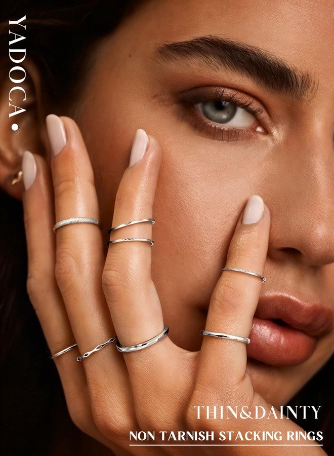 YADOCA 8Pcs 1MM 2MM Stainless Steel Rings for Women Men Minimalist Fashion Dainty Plain Thin Knuckle Stacking Midi Thumb Rings Stackable Statement Band Rings Set Silver Tone Size 4-12, Metal, Cubic - Image 2