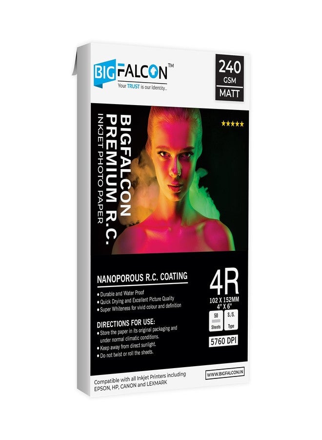 BIGFALCON ورق صور BIGFALCON Premium 240 GSM مقاس 4R (4X6 بوصة) غير لامع (لامع) مطلي براتنج RC مقاوم للماء، 50 ورقة لجميع طابعات الحبر النفاث (عبوة واحدة) - Image 1