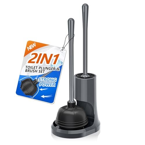 uptronic Toilet Plunger and Brush, Bowl Brush and Heavy Duty Toilet Plunger Set with Holder, 2-in-1 Bathroom Cleaning Combo with Modern Caddy Stand for for 5.7-inch Toilet Drain Bathroom Cleaning - Image 1