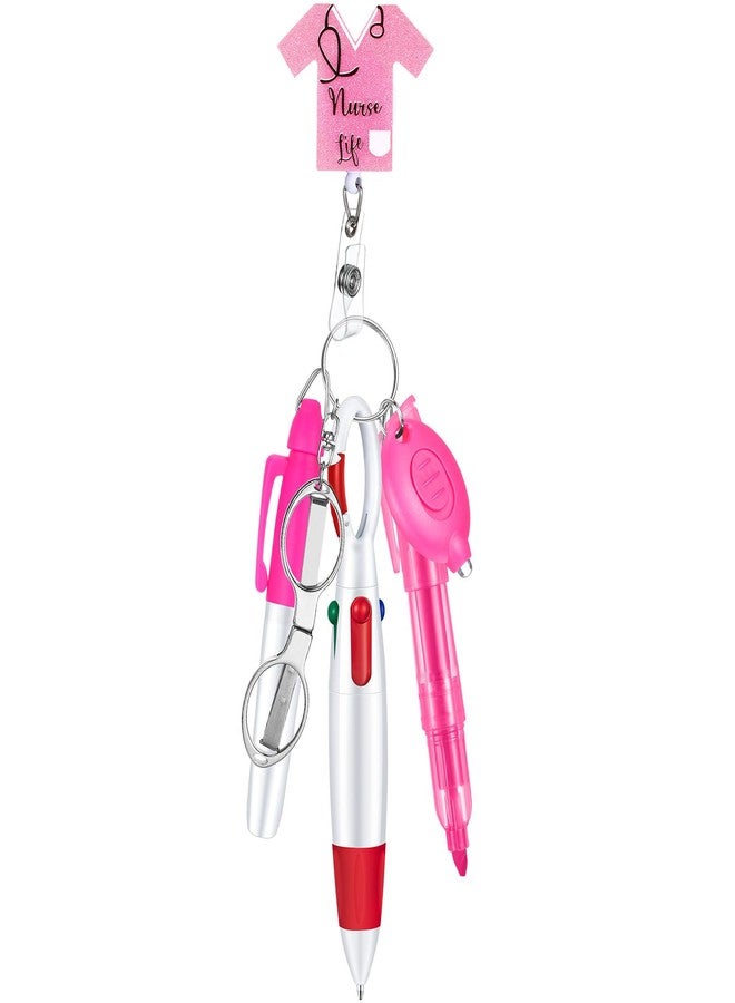 Engrowtic 6 Pcs Nurse Pen Set Include Permanent Marker Pen Badge Clip Ballpoint Highlighter Foldable Scissors LED Flashlight Keychain Appreciation Gifts Nurse Accessories for Nurses Week(Pink) - Image 1