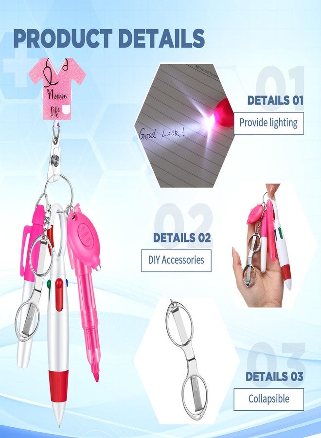Engrowtic 6 Pcs Nurse Pen Set Include Permanent Marker Pen Badge Clip Ballpoint Highlighter Foldable Scissors LED Flashlight Keychain Appreciation Gifts Nurse Accessories for Nurses Week(Pink) - Image 3