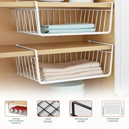 Go Hooked 16 Inch Undershelf Storage Basket Pack of 2 | Multipurpose Under Shelf Organizer | Hanging Wire Basket for Cabinet, Shelf, Pantry, Cupboard, Closet, Desk, and Bathroom (White) - Image 5
