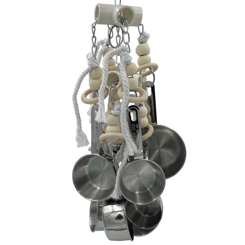 GILYGI Durable Stainless Steel Pots & Wooden Beads Parrot Toys - Pullable 8 Metallic Cups & 8 Natural Dye-Free Rings for Large & Extra Large Parrots Macaws Amazons African Greys Cockatoos Eclectus - Image 2