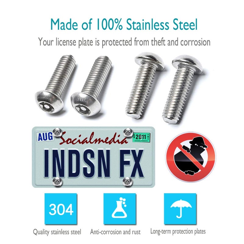 Aootf Anti Theft License Plate Screws- Rust Stainless Steel Plate Screw Resistant Security Tamper Resistant Machineâ€‚License Plate Bolt License Plate Frame Fastener, Black Caps, Anti-Rattle Pad - Image 2
