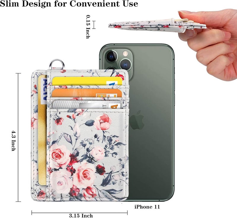 Coco Rossi Slim Front Pocket Wallet RFID ID Card Holder Cute Small Wallet with Keychian for Women,Grey Flowers - Image 4