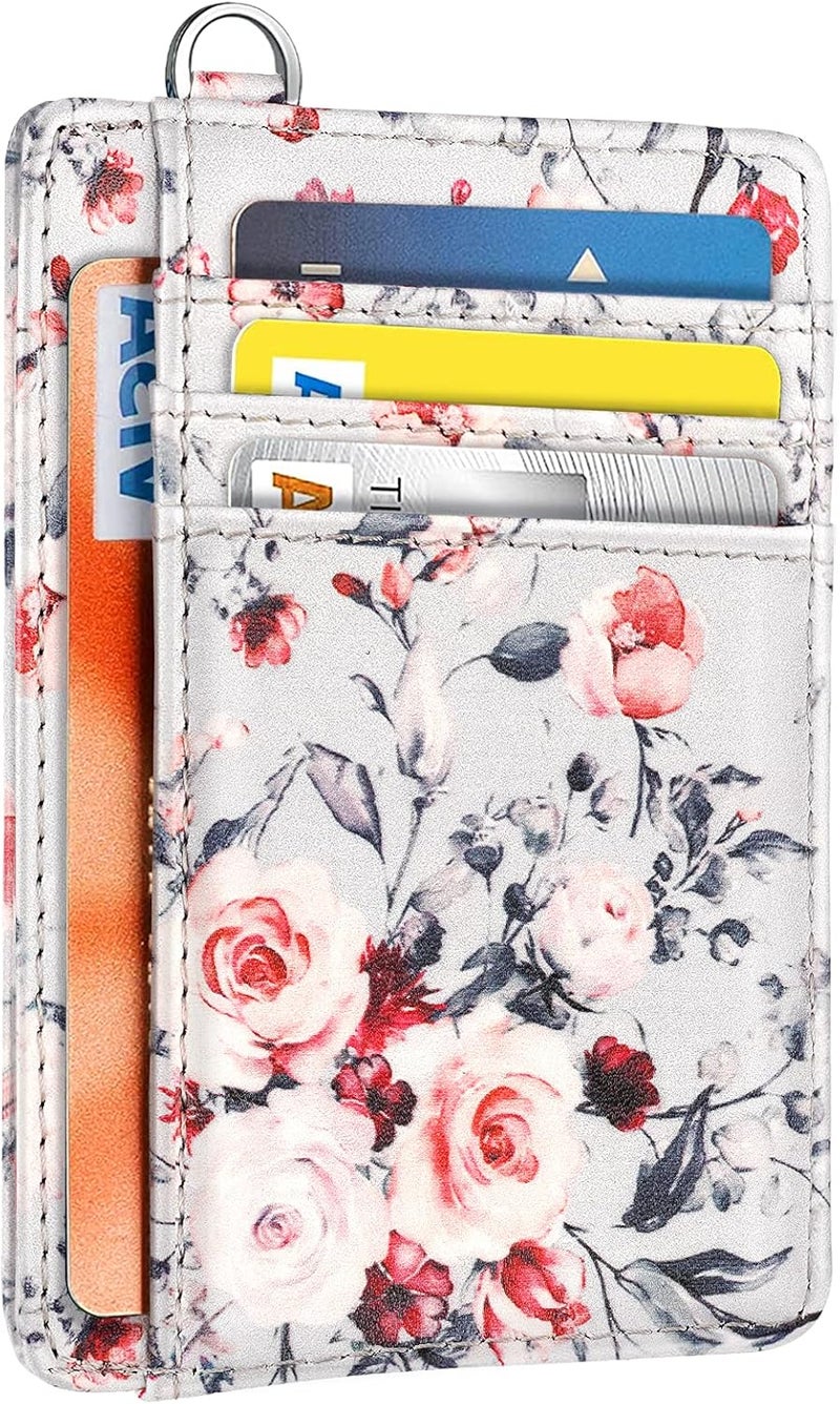 Coco Rossi Slim Front Pocket Wallet RFID ID Card Holder Cute Small Wallet with Keychian for Women,Grey Flowers - Image 1