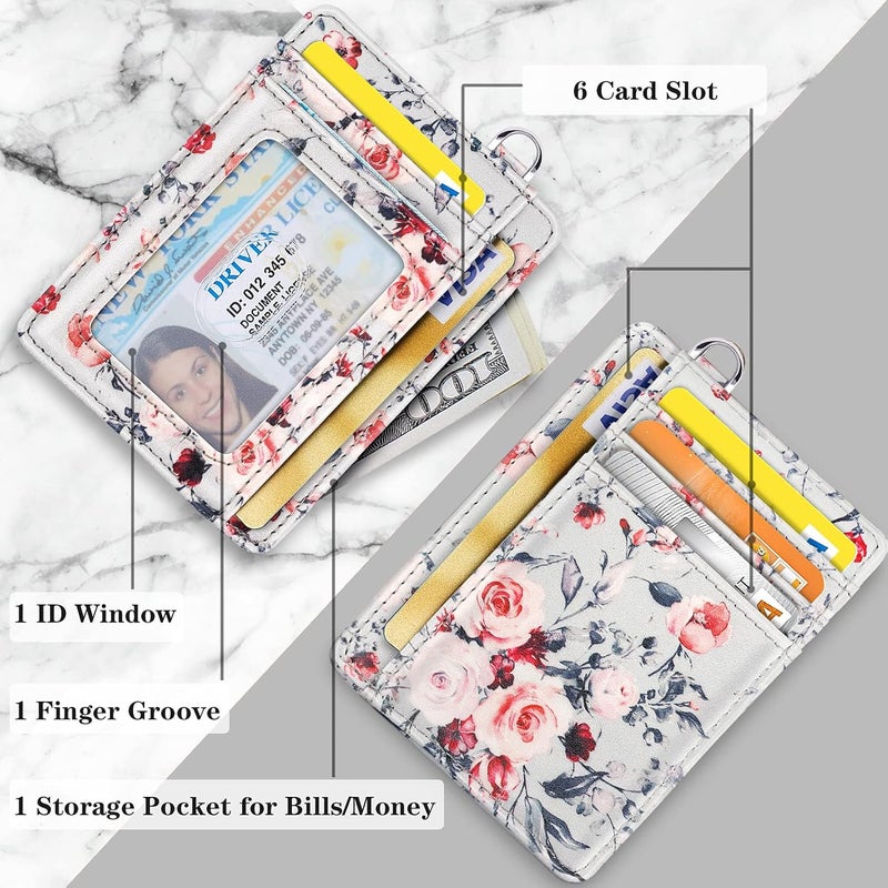 Coco Rossi Slim Front Pocket Wallet RFID ID Card Holder Cute Small Wallet with Keychian for Women,Grey Flowers - Image 3
