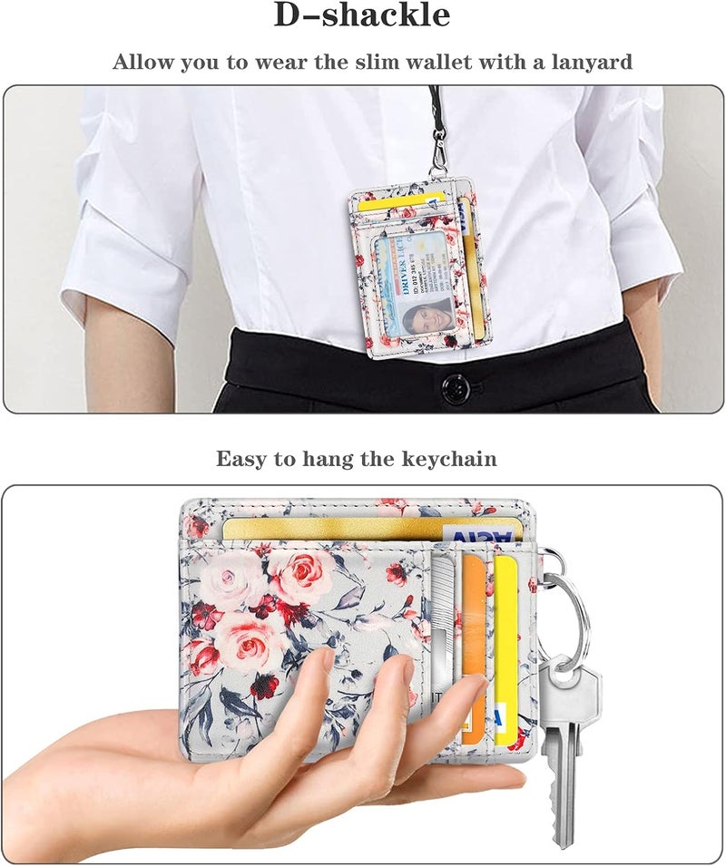 Coco Rossi Slim Front Pocket Wallet RFID ID Card Holder Cute Small Wallet with Keychian for Women,Grey Flowers - Image 5