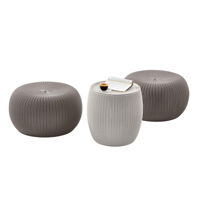 KETER Urban Knit Pouf Ottoman Set of 2 with Storage Table for Patio and Room DÃ©cor-Perfect for Balcony, Deck, and Outdoor Seating, Cream & Taupe - Image 1