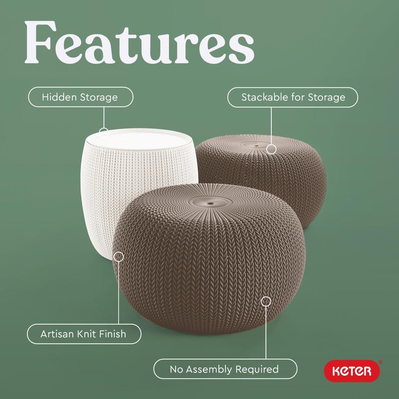 KETER Urban Knit Pouf Ottoman Set of 2 with Storage Table for Patio and Room DÃ©cor-Perfect for Balcony, Deck, and Outdoor Seating, Cream & Taupe - Image 4