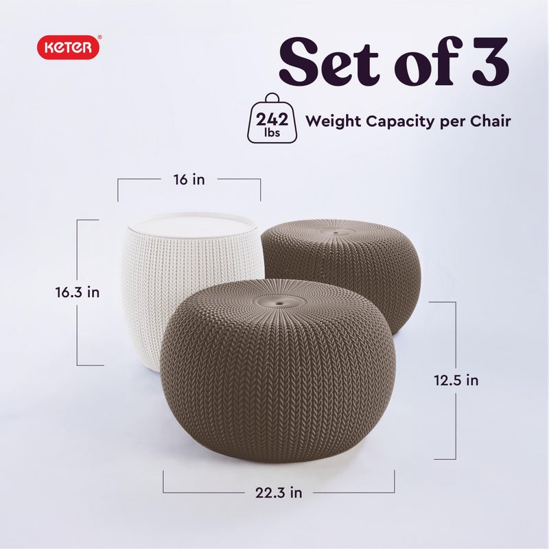 KETER Urban Knit Pouf Ottoman Set of 2 with Storage Table for Patio and Room DÃ©cor-Perfect for Balcony, Deck, and Outdoor Seating, Cream & Taupe - Image 2