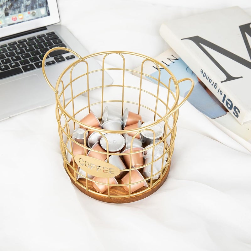Fving Coffee Pod Holder, Large Capacity K Cup Holder Organizer,Big Metal Kcup Capsule Storage Basket with Wooden Base, Coffee Bar Decor Station Accessories for Kitchen Counter Office Desktop (Gold) - Image 5