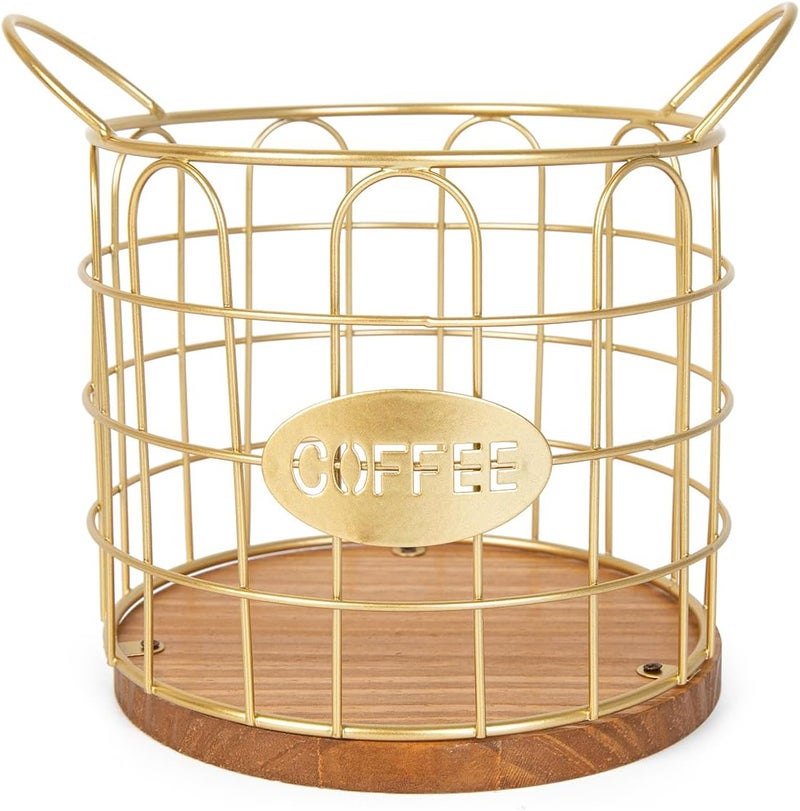Fving Coffee Pod Holder, Large Capacity K Cup Holder Organizer,Big Metal Kcup Capsule Storage Basket with Wooden Base, Coffee Bar Decor Station Accessories for Kitchen Counter Office Desktop (Gold) - Image 1