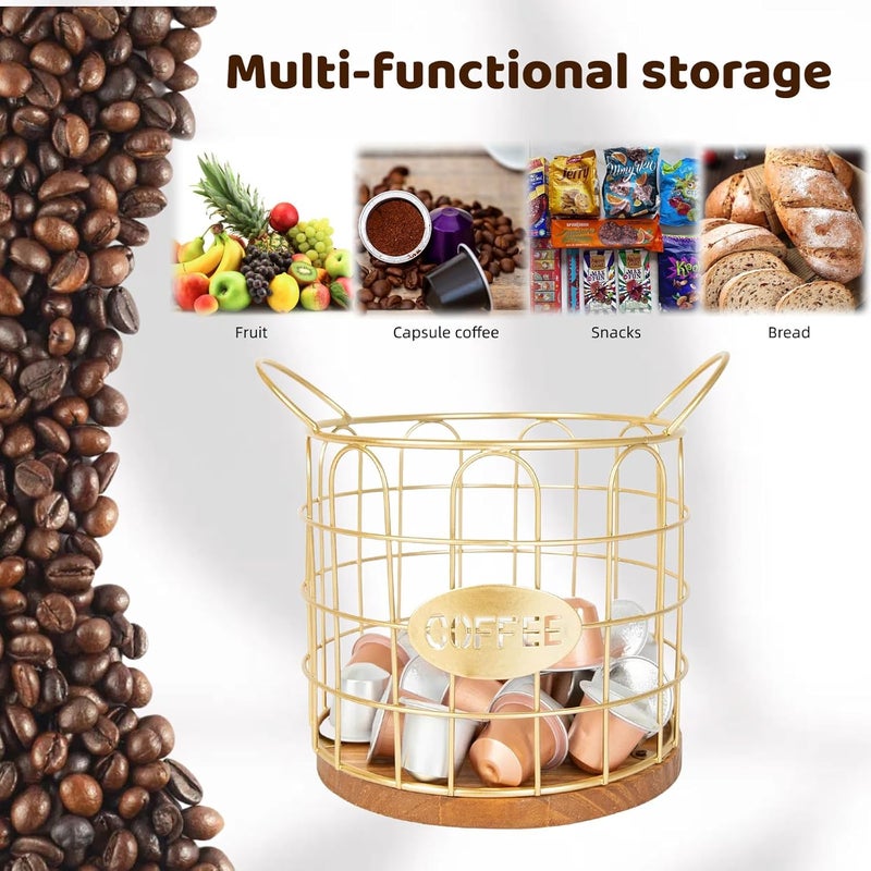 Fving Coffee Pod Holder, Large Capacity K Cup Holder Organizer,Big Metal Kcup Capsule Storage Basket with Wooden Base, Coffee Bar Decor Station Accessories for Kitchen Counter Office Desktop (Gold) - Image 3
