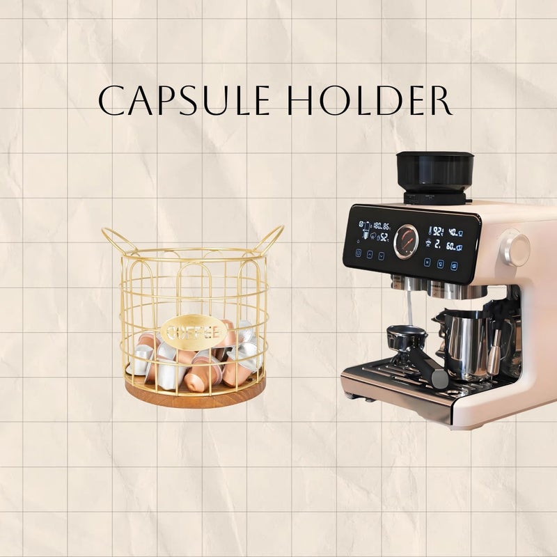 Fving Coffee Pod Holder, Large Capacity K Cup Holder Organizer,Big Metal Kcup Capsule Storage Basket with Wooden Base, Coffee Bar Decor Station Accessories for Kitchen Counter Office Desktop (Gold) - Image 4