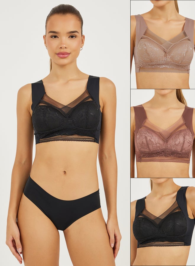 ستايلي عبوة من 3 - كروب توب مبطن بدون أسلاك بدعم كامل مع دانتيل شبكي أمامي - Image 1