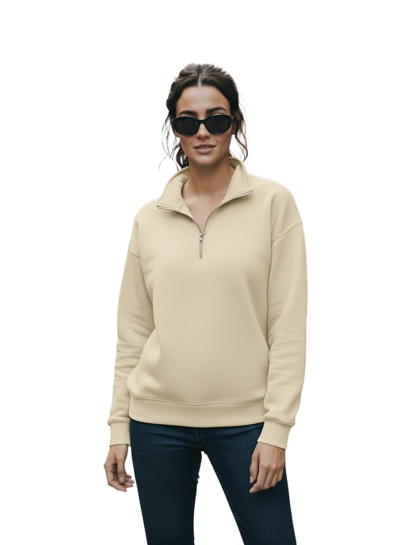 Mack Jonney Women’s Fleece Half-Zip Offwhite Color High Neck Sweatshirt | Warm & Stylish Winter Wear -JM.4399 - Image 1