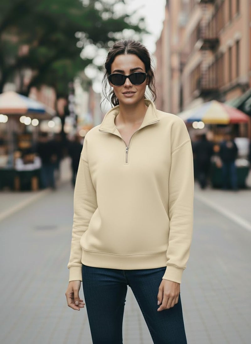 Mack Jonney Women’s Fleece Half-Zip Offwhite Color High Neck Sweatshirt | Warm & Stylish Winter Wear -JM.4399 - Image 2