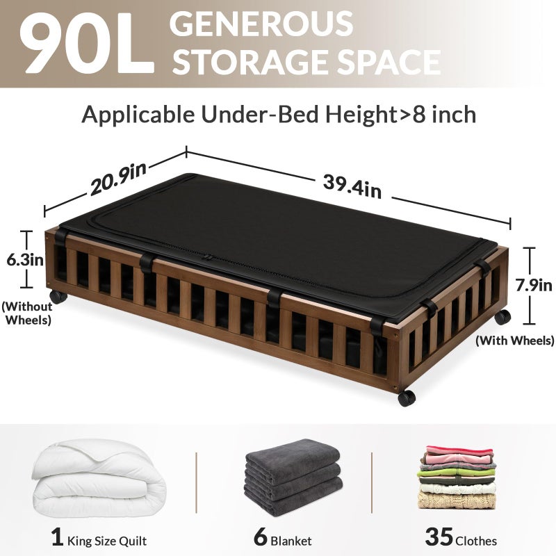 Gashell 2 Pack Bamboo Under Bed Storage with Wheels, 39â€x20â€x7.8â€ Lager Under Bed Storage Containers (Brown) - Image 2