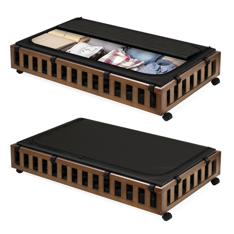 Gashell 2 Pack Bamboo Under Bed Storage with Wheels, 39â€x20â€x7.8â€ Lager Under Bed Storage Containers (Brown) - Image 1