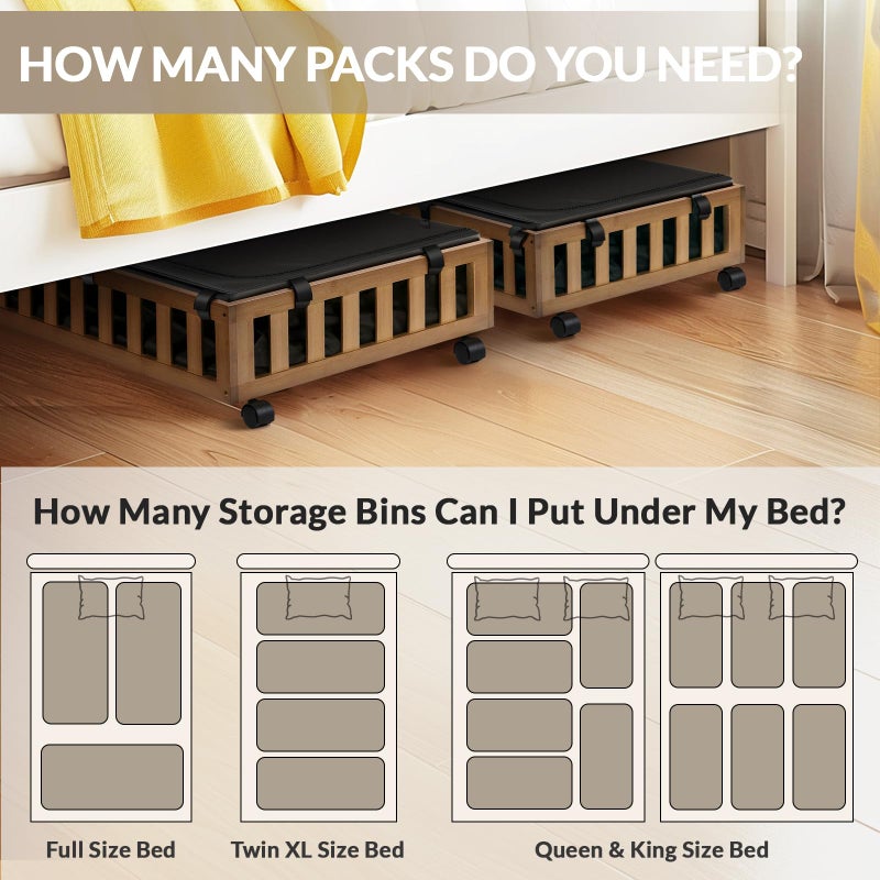 Gashell 2 Pack Bamboo Under Bed Storage with Wheels, 39â€x20â€x7.8â€ Lager Under Bed Storage Containers (Brown) - Image 3