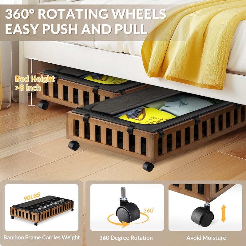 Gashell 2 Pack Bamboo Under Bed Storage with Wheels, 39â€x20â€x7.8â€ Lager Under Bed Storage Containers (Brown) - Image 4
