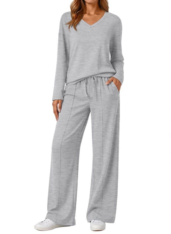 AUTOMET 2 Piece Lounge Sets for Womens Fashion Travel Sweatsuits with Wide Leg Pants Airport Track Outfits Fall Clothes 2025, Grey, S - Image 1