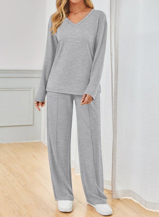 AUTOMET 2 Piece Lounge Sets for Womens Fashion Travel Sweatsuits with Wide Leg Pants Airport Track Outfits Fall Clothes 2025, Grey, S - Image 3