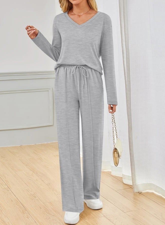 AUTOMET 2 Piece Lounge Sets for Womens Fashion Travel Sweatsuits with Wide Leg Pants Airport Track Outfits Fall Clothes 2025, Grey, S - Image 2